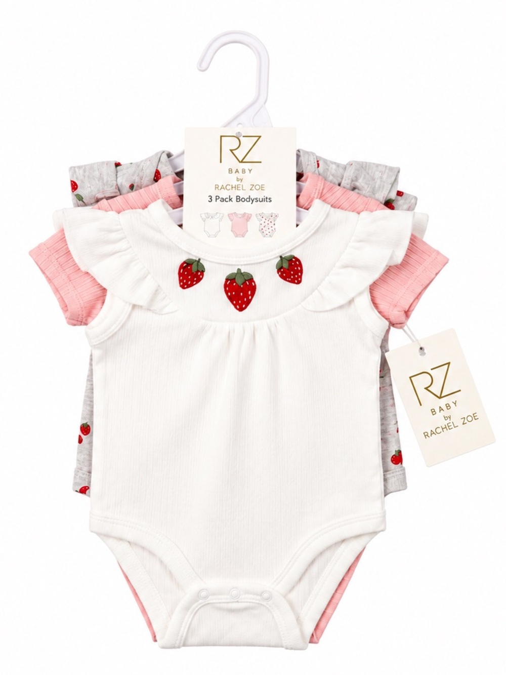 NEW - 3PC Rachel Zoe Baby 3-Pack Strawberry & Pink Ribbed One-Piece Bodysuits